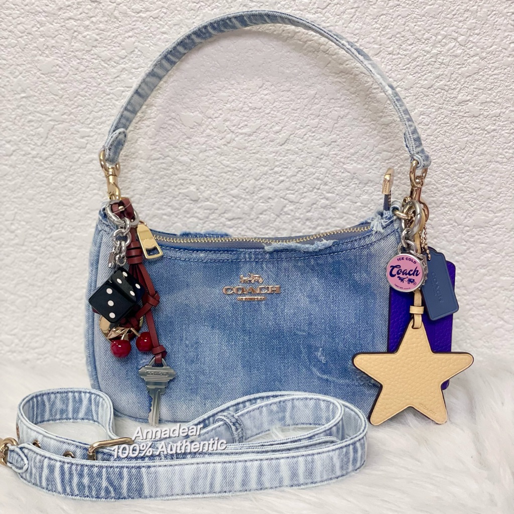 Nwt Coach Teri Shoulder Bagin Loved Denim With Charms Cdy76 In Light Indigo